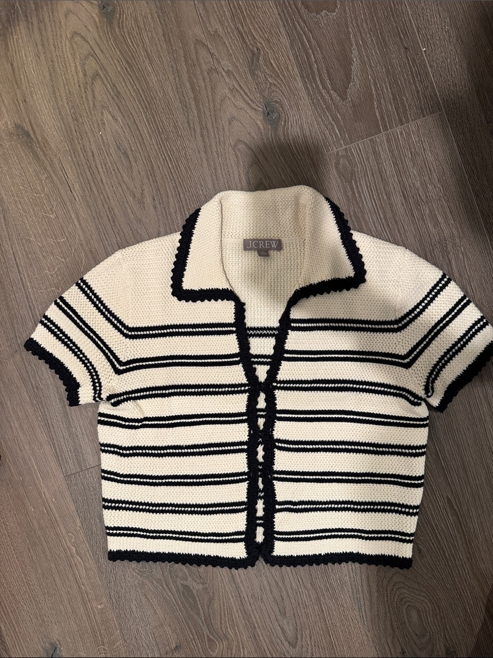 J. Crew Cream & Black Striped Short-Sleeve Knit Cardigan